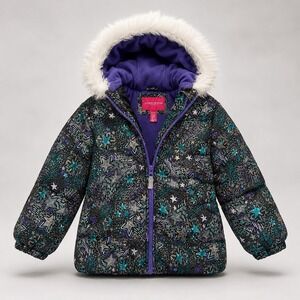 London Fog Puffer Jacket Girls Size M 5 6 Hooded Faux Fur Star Purple Winter